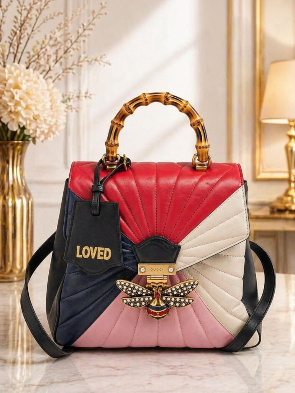 Authentic Gucci Queen Margaret Bamboo Top Handle Bag Multicolor Leather Backpack